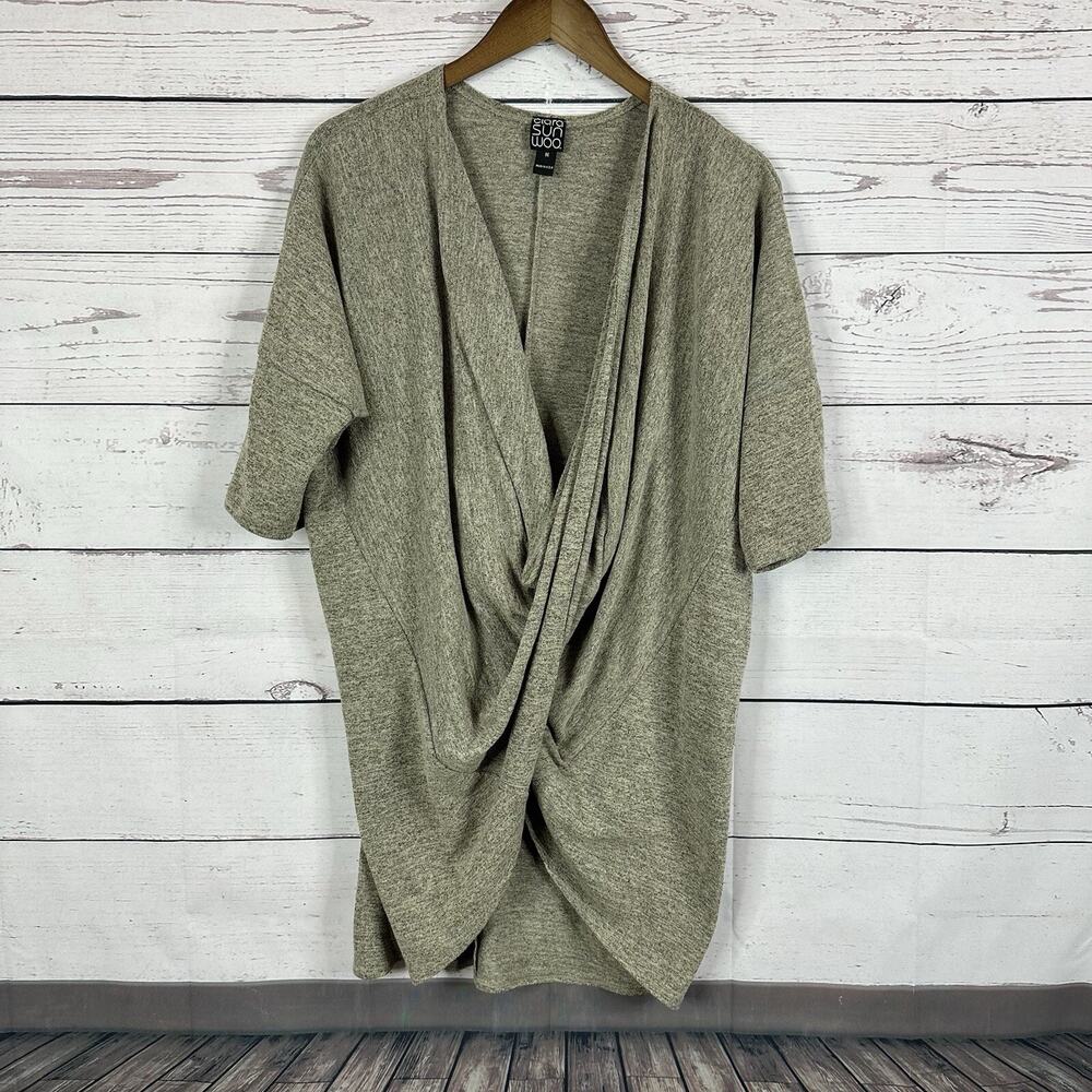 Clara Sun Woo Top Shirt‎ Tunic Womens Medium Tan Beige Faux Wrap Vneck Boxy